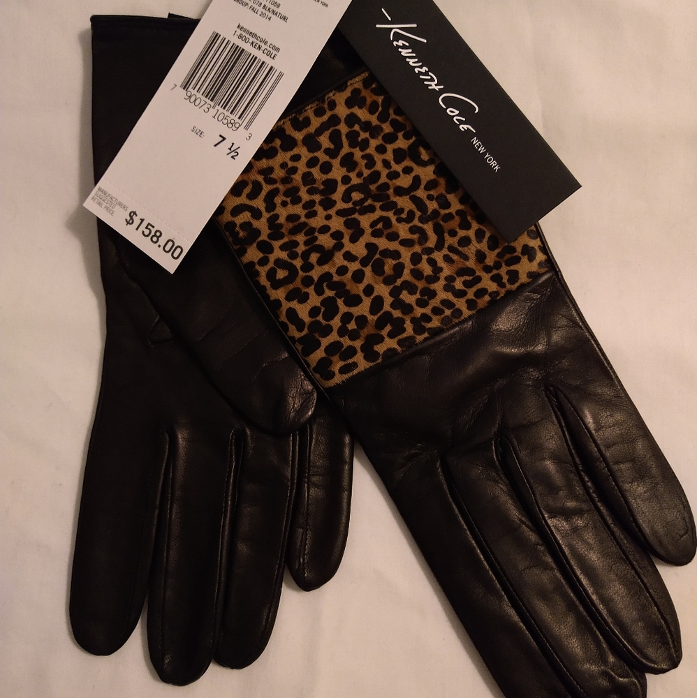 KENNETH COLE LEOPARD PRINT CALF-HAIR & REAL LEATHER GLOVES